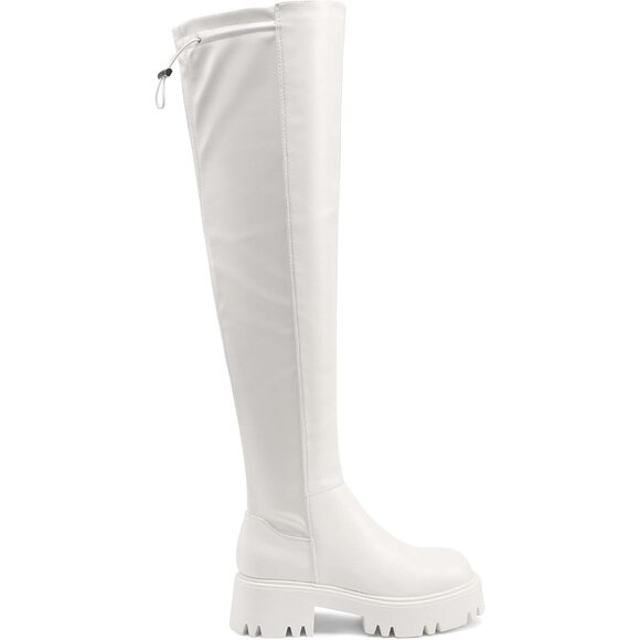 🆕Women's White-pu Faux Leather Over The Knee Lug Sole Round Toe Thigh High Boot - Picture 6 of 11